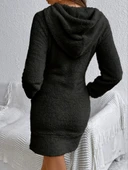 Kadın Uzun Kollu Kapşonlu Cepli Mini Peluş Elbise thumbnail 4