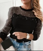 Kadın Uzun Kollu Inci Detaylı Tüllü Viskon Bluz thumbnail 1