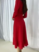 Krep Kumaş Midi Boy Kuşaklı Uzunkol Elbise thumbnail 8