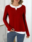 Kadın Uzun Kollu V Yakalı çift Renkli Viskon Iki Iplik Bluz thumbnail 4