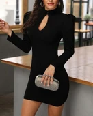 Kadın Uzun Kollu Göğüs Damla Detay Karpuz Kol Krep Elbise thumbnail 1