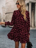 Kadın Uzun Kollu Yakadan Bağcıklı Modal Leopar Desenli Mini Elbise thumbnail 3