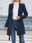 Kadın Uzun Kollu Boyundan Düğmeli Fermuarlı Beli Kuşaklı Süet Ceket thumbnail 3