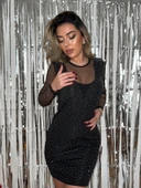 Kadın Uzun Kollu Yuvarlak Yaka Dekolteli Taşlı Dalgıç Elbise thumbnail 11