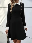 Kadın Uzun Kollu Yakalı Düğmeli Kısa Modal Mini Elbise thumbnail 3