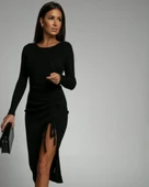 Kadın Uzun Kollu Yandan Büzgülü Yırtmaç Detay Kaşkorse Midi Boy Elbise thumbnail 1