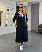 Kadın Uzun Kollu V Ribana Yakalı Yanlardan Yırtmaçlı Midi Viskon Iki Iplik Elbise thumbnail 8