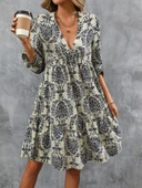 Kadın Uzun Kollu V Yakalı Fırfırlı Mini Süprem Elbise thumbnail 1