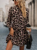 Kadın Uzun Kollu Yakadan Bağcıklı Modal Leopar Desenli Mini Elbise thumbnail 4