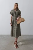 Önü Düğmeli Kısa Kol Elbise - Haki thumbnail 3
