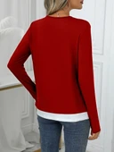 Kadın Uzun Kollu V Yakalı çift Renkli Viskon Iki Iplik Bluz thumbnail 6