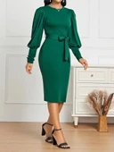 Kadın Uzun Kollu Bisiklet Yaka Beli Kuşaklı Ithal Krep Midi Elbise thumbnail 3