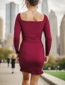 Kadın Uzun Kollu Derin V Yaka Göğüs Altı Dekolte Detay Etek Ucu Fırfırlı Sandy Mini Boy Elbise thumbnail 6