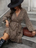 Kadın Uzun Kollu Kruvaze Yakalı Kuşaklı Desenli Kısa Modal Mini Elbise thumbnail 4