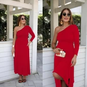 Kadın Uzun Kollu Tek Omuz Detay Krep Elbise thumbnail 3