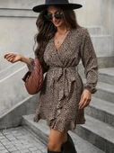 Kadın Uzun Kollu Kruvaze Yakalı Kuşaklı Desenli Kısa Modal Mini Elbise thumbnail 7