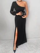 Tek Omuz Açık Derin Yırtmaçlı Krep Tam Boy Elbise thumbnail 6