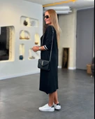 Kadın Uzun Kollu V Ribana Yakalı Yanlardan Yırtmaçlı Midi Viskon Iki Iplik Elbise thumbnail 2