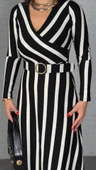 Kadın Uzun Kollu Kruvaze Yaka Kemer Dahil çizgili Triko Elbise thumbnail 2