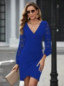 Kadın Uzun Kollu Kruvaze Yaka Beli Düğme Detay Krep Elbise thumbnail 3