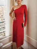 Kadın Uzun Kollu Tek Omuz Detay Krep Elbise thumbnail 7