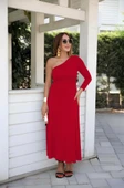 Kadın Uzun Kollu Tek Omuz Detay Krep Elbise thumbnail 1