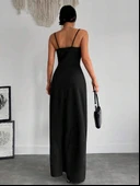 Kadın Askılı Kruvaze Yaka Derin Yırtmaçlı Krep Elbise thumbnail 7