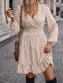 Kadın Uzun Kollu Kruvaze Yaka Desenli Mini Modal Elbise thumbnail 3