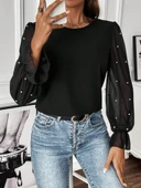 Kadın Uzun Kollu Bisiklet Yaka Tül Detaylı Incili Ithal Krep Bluz thumbnail 1