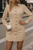 Kadın Uzun Kollu Gömlek Yaka önden Düğmeli Yanlardan Büzgülü Kısa Aerobin Elbise thumbnail 11