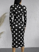 Kadın Uzun Kollu V Yaka Puantiyeli Krep Midi Boy Elbise thumbnail 5