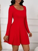 Kadın Uzun Kollu Kare Yakalı Mini Ithal Krep Elbise thumbnail 2