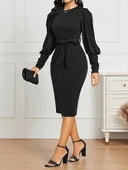 Kadın Uzun Kollu Bisiklet Yaka Beli Kuşaklı Ithal Krep Midi Elbise thumbnail 2