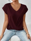 Kadın Kısa Kollu V Yakalı önden çapraz Geçmeli Detay Viskon Bluz thumbnail 3