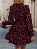 Kadın Uzun Kollu Yakadan Bağcıklı Modal Leopar Desenli Mini Elbise thumbnail 5
