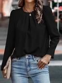 Kadın Uzun Kollu Yuvarlak önden Pileli Ithal Krep Bluz thumbnail 1