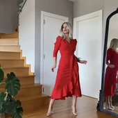 Krep Kumaş Midi Boy Kuşaklı Uzunkol Elbise thumbnail 4