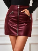 Kadın Yüksek Bel Fermuarlı Mini Deri Etek thumbnail 1