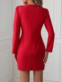 Kadın Uzun Kollu Bisiklet Yaka Bel Kemer Detay Ithal Krep Elbise thumbnail 3