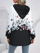 Kadın Uzun Kollu Kapşonlu Fermuarlı çiçek-kelebek Desenli şardonlu Dalgıç Ceket thumbnail 4