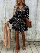 Kadın Uzun Kollu V Yakalı Belden Kuşaklı Puantiyeli Mini Modal Elbise thumbnail 2