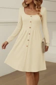 Kadın Uzun Kollu Kare Yaka Düğmeli Kısa şardonlu Iki Iplik Mini Elbise thumbnail 2