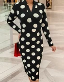 Kadın Uzun Kollu V Yaka Puantiyeli Krep Midi Boy Elbise thumbnail 7