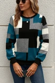 Kadın Uzun Kollu Bisiklet Yaka Renkli Blok Baskı Dalgıç Bluz thumbnail 1
