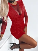 Kadın Uzun Kollu Yuvarlak Yaka Dekolteli Taşlı Dalgıç Elbise thumbnail 2