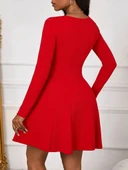 Kadın Uzun Kollu Kare Yakalı Mini Ithal Krep Elbise thumbnail 4