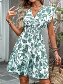 Kadın Kısa Fırfır Kollu Kruvaze Yaka çiçekli Atlas Elbise thumbnail 2