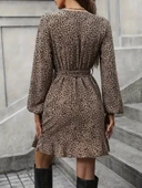 Kadın Uzun Kollu Kruvaze Yakalı Kuşaklı Desenli Kısa Modal Mini Elbise thumbnail 6