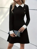 Kadın Uzun Kollu Yakalı Düğmeli Kısa Modal Mini Elbise thumbnail 2