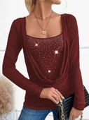 Kadın Uzun Kollu Derin Degaje Yakalı Taşlı Sandy Bluz thumbnail 1